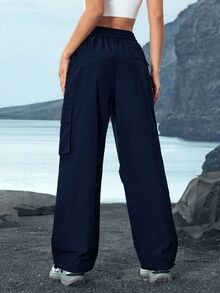 SHEIN Sports 女式防水口袋抽绳腰部户外工装裤 - 霧霾藍 - 查看 3