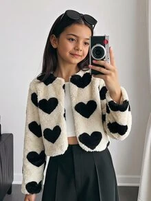 SHEIN SHIEN 青少年女孩仿皮毛黑色米色愛心印花夾克，適合派對、秋冬穿著 - 杏色 - 查看 9