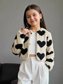 SHEIN SHIEN 青少年女孩仿皮毛黑色米色愛心印花夾克，適合派對、秋冬穿著 - 杏色 - 查看 10