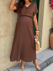 SHEIN 孕婦夏季休閒度假棕色襯衫洋裝，純色哺乳短袖高腰洋裝，適合孕肚穿著 - 咖啡棕 - 查看 4