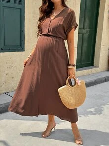 SHEIN 孕婦夏季休閒度假棕色襯衫洋裝，純色哺乳短袖高腰洋裝，適合孕肚穿著 - 咖啡棕 - 查看 1