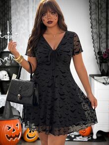 SHEIN EZwear AutumnhalloweenHal 秋季拉鍊式十字哥德風搖滾明星女款動漫連身裙 - 黑色 - 查看 4