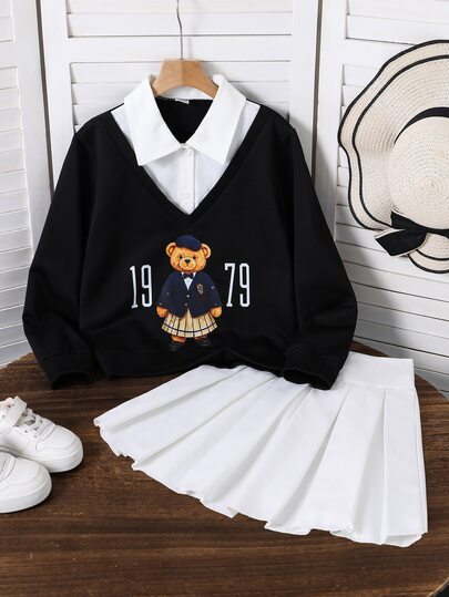 Tween Girls 2pcs Set,Girls Fresh Academy Style School Spring Autumn Outfit, Vintage, Back To School,Loose,Knit, Casual,Fall, Cartoon Hoodies Ruched