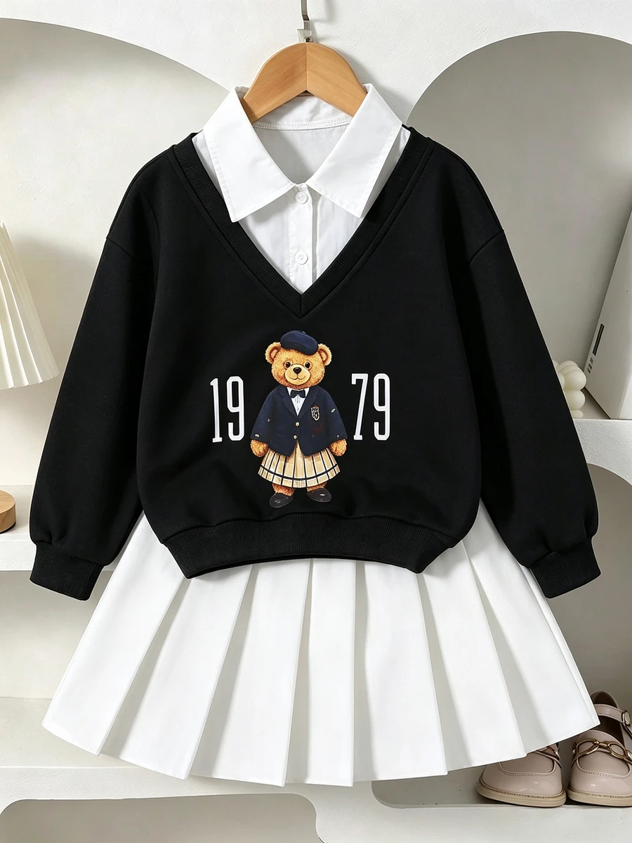 青少年女孩秋季套裝 2件組，清新學院風女童春秋校園穿搭，復古開學穿搭，寬鬆針織休閒秋季服飾