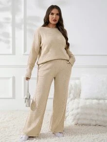 CosyJoli Bộ đồ len dệt kim thường ngày nữ size lớn 2 món cho mùa xuân và thu/đông, bộ áo len dáng rộng thoải mái màu mơ, đồ mặc nhà - Màu be - Xem 6