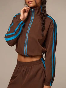 Athîral Women's Brown 2 Piece Running Set,Zip Up Long Sleeve Track Jacket,Contrast Striped Wide Leg Pants,Loose Fit Autumn Winter Activewear,Jogging Suit - Coffee Brown - View 7