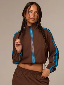 Athîral Women's Brown 2 Piece Running Set,Zip Up Long Sleeve Track Jacket,Contrast Striped Wide Leg Pants,Loose Fit Autumn Winter Activewear,Jogging Suit - Coffee Brown - View 6