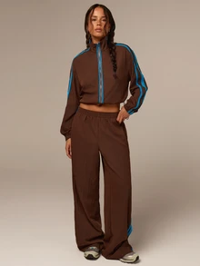 Athîral Women's Brown 2 Piece Running Set,Zip Up Long Sleeve Track Jacket,Contrast Striped Wide Leg Pants,Loose Fit Autumn Winter Activewear,Jogging Suit - Coffee Brown - View 5