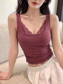 DAZY 春夏酒紅色休閒性感街頭風鏤空蕾絲飾邊拼接修身女款背心，適合婚禮、夜店、宴會、情人節 - 西瓜粉 - 查看 4
