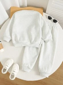SHEIN 2件組兒童小男孩小女孩秋冬印花字母圖案長袖運動衫與長褲套裝，男孩慢跑褲運動服，兒童灰色運動衫套裝，秋冬穿搭 - 彩色 - 查看 3