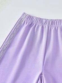 SHEIN Tween女孩2件套，寬鬆針織休閒秋季配色拼接卡通韓版娃娃上衣＋寬腿運動長褲，紫色套裝連帽衛衣蕾絲飾邊 - 彩色 - 查看 7