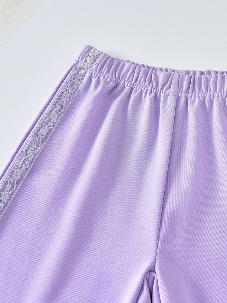 SHEIN Tween Girls 2pcs Set ,Loose,Knit,Casual,Fall,Colorblock, Cartoon Pull Korean Babydoll Top Wide Leg Sweat Pants Purple Suit Hoodie Sweatshirt Lace Trim - Multicolor - View 7