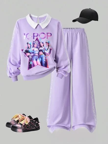 SHEIN Tween女孩2件套，寬鬆針織休閒秋季配色拼接卡通韓版娃娃上衣＋寬腿運動長褲，紫色套裝連帽衛衣蕾絲飾邊 - 彩色 - 查看 3