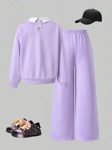SHEIN Tween女孩2件套，寬鬆針織休閒秋季配色拼接卡通韓版娃娃上衣＋寬腿運動長褲，紫色套裝連帽衛衣蕾絲飾邊 - 彩色 - 查看 2
