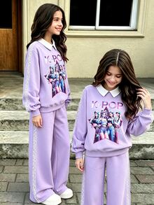 SHEIN Tween女孩2件套，寬鬆針織休閒秋季配色拼接卡通韓版娃娃上衣＋寬腿運動長褲，紫色套裝連帽衛衣蕾絲飾邊 - 彩色 - 查看 4