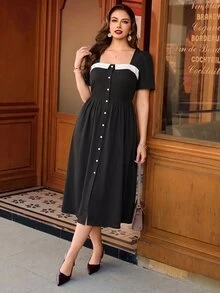 Auvina 大尺碼女款時尚中長洋裝 熱銷波點布料 優雅 Eleganza 正式約會穿搭 黑白配色 夏季 - 黑與白 - 查看 6