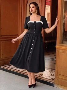 Auvina 大尺碼女款時尚中長洋裝 熱銷波點布料 優雅 Eleganza 正式約會穿搭 黑白配色 夏季 - 黑與白 - 查看 5