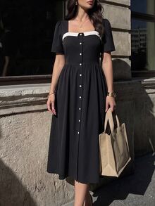 Auvina 大尺碼女款時尚中長洋裝 熱銷波點布料 優雅 Eleganza 正式約會穿搭 黑白配色 夏季 - 黑與白 - 查看 1