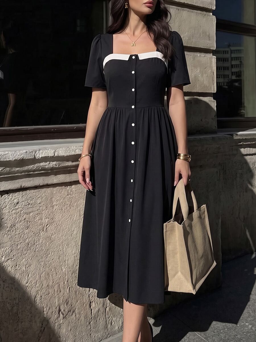 Auvina 大尺碼女款時尚中長洋裝 熱銷波點布料 優雅 Eleganza 正式約會穿搭 黑白配色 夏季 - 黑與白 - 查看 1
