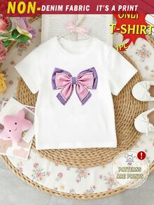 Elladie kids 春夏秋女童時尚仙女牛仔風創意清新簡約白色蝴蝶結印花短袖T恤，適合日常穿著、嬰兒洗禮會、新娘 - 白色 - 查看 1