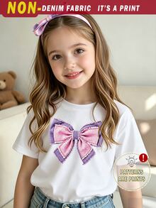 Elladie kids 春夏秋女童時尚仙女牛仔風創意清新簡約白色蝴蝶結印花短袖T恤，適合日常穿著、嬰兒洗禮會、新娘 - 白色 - 查看 4