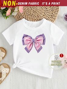 Elladie kids 春夏秋女童時尚仙女牛仔風創意清新簡約白色蝴蝶結印花短袖T恤，適合日常穿著、嬰兒洗禮會、新娘 - 白色 - 查看 3