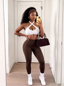 SHEIN Core Rhythm 1pc Women's Solid Color High Waist Ruched Butt Leggings - Brown - View 5