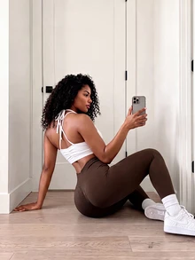 SHEIN Core Rhythm 1pc Women's Solid Color High Waist Ruched Butt Leggings - Brown - View 2