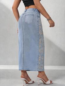 SHEIN Unity 女款花卉刺繡口袋開衩休閒牛仔裙 - 中等水洗藍 - 查看 2