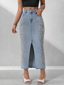 SHEIN Unity 女款花卉刺繡口袋開衩休閒牛仔裙 - 中等水洗藍 - 查看 5