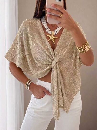 Sprig & Strand Early Autumn New Casual Elegant Solid Color Gold Thread Shiny Loose Lazy Shawl Cardigan For Women, Suitable For Vacation, Daily Wear, Gathering, Commuting, Party, Dating