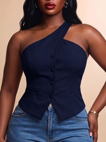 Radiana Plus Size Elegant Commuter Solid Color One-Shoulder Blazer Vest - Navy Blue - View 1