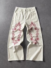 ROMWE MEN 男士花卉刺繡直筒牛仔褲 - 米色 - 查看 7