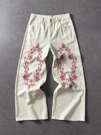 Herren Jeans mit geradem Bein und Blumenstickerei