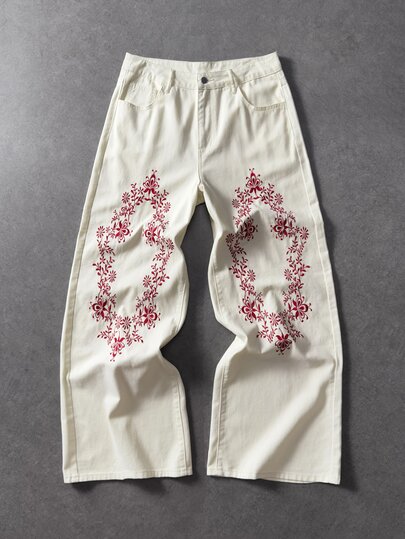 Jeans de pierna recta con bordado floral para hombre
