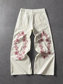 ROMWE MEN 男士花卉刺繡直筒牛仔褲 - 米色 - 查看 2