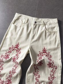 ROMWE MEN 男士花卉刺繡直筒牛仔褲 - 米色 - 查看 3