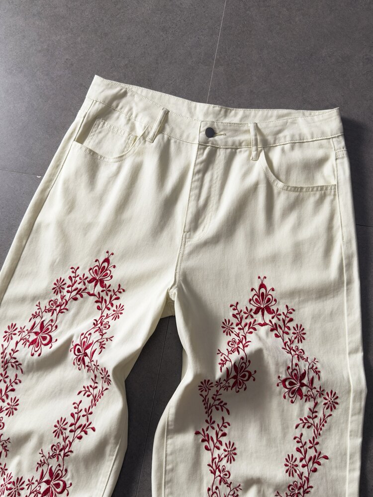 ROMWE MEN Men's Floral Embroidered Straight Leg Jeans - Beige - View 3