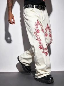 ROMWE MEN 男士花卉刺繡直筒牛仔褲 - 米色 - 查看 1