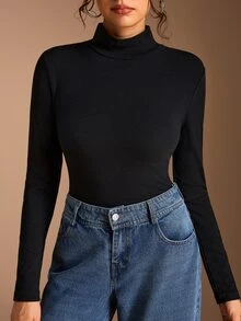 SHEIN BASICS 女款純色高領長袖休閒百搭T恤 - 黑色 - 查看 7