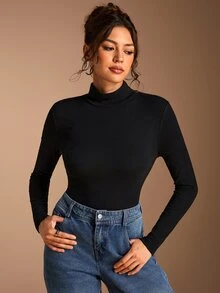 SHEIN BASICS 女款純色高領長袖休閒百搭T恤 - 黑色 - 查看 3