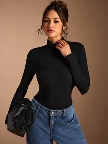 SHEIN BASICS 女款純色高領長袖休閒百搭T恤 - 黑色 - 查看 5