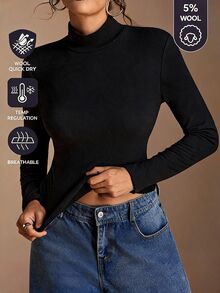 SHEIN BASICS 女款純色高領長袖休閒百搭T恤 - 黑色 - 查看 1