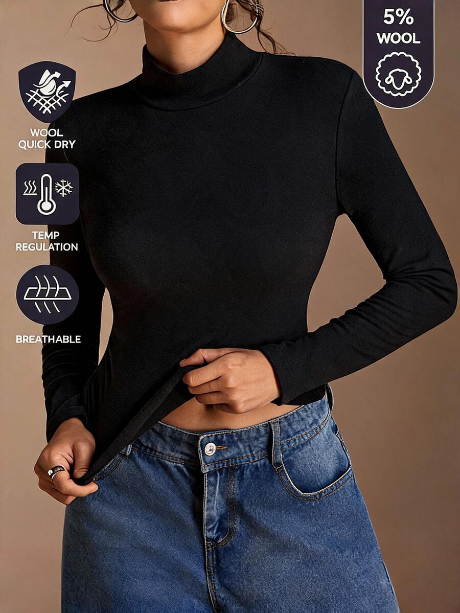 SHEIN BASICS 女款純色高領長袖休閒百搭T恤 - 黑色 - 查看 1