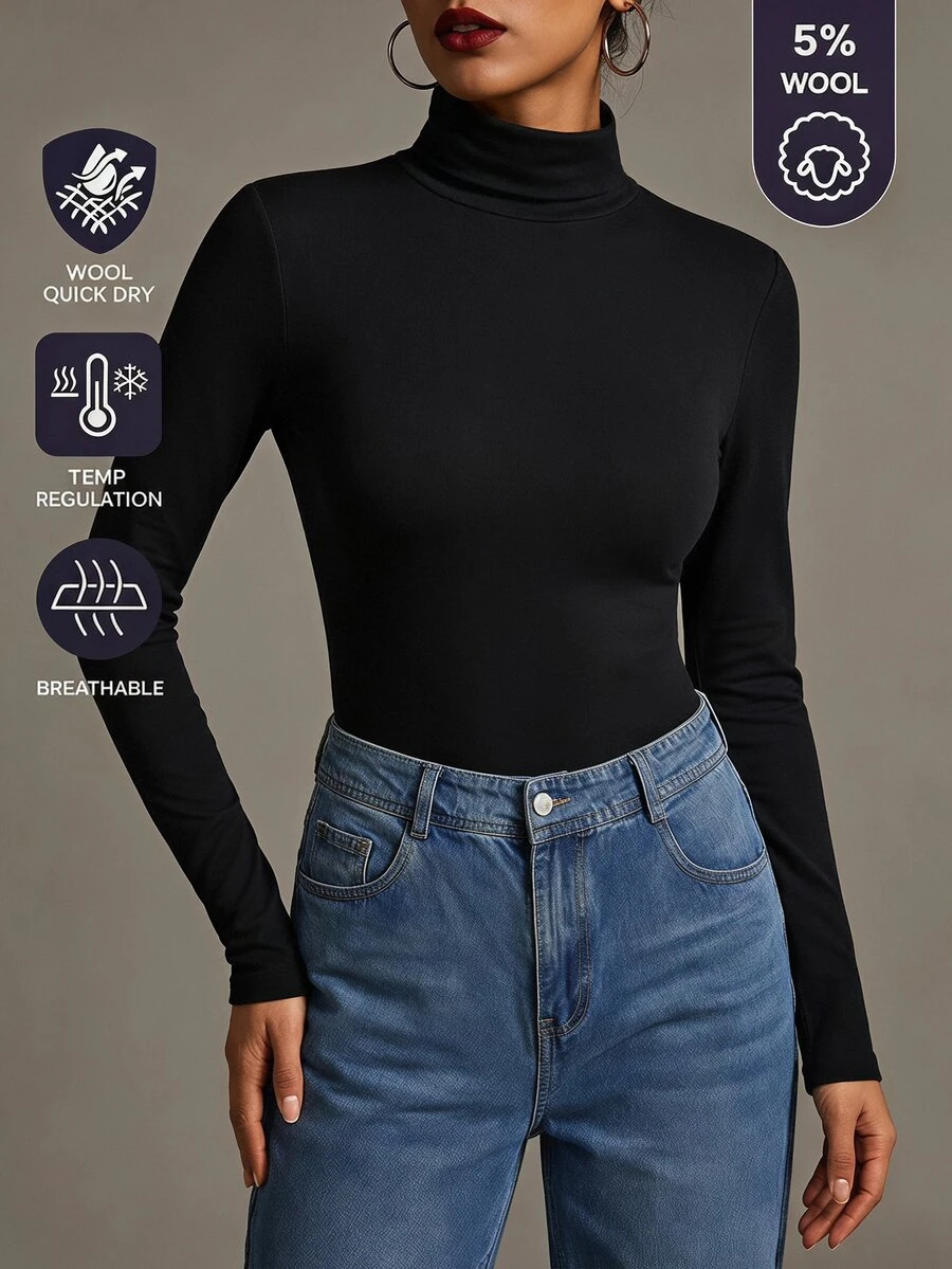 SHEIN BASICS 女款純色高領長袖休閒百搭T恤 - 黑色 - 查看 1