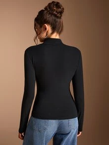 SHEIN BASICS 女款純色高領長袖休閒百搭T恤 - 黑色 - 查看 8
