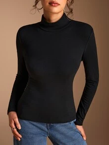 SHEIN BASICS 女款純色高領長袖休閒百搭T恤 - 黑色 - 查看 4