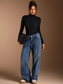 SHEIN BASICS 女款純色高領長袖休閒百搭T恤 - 黑色 - 查看 6