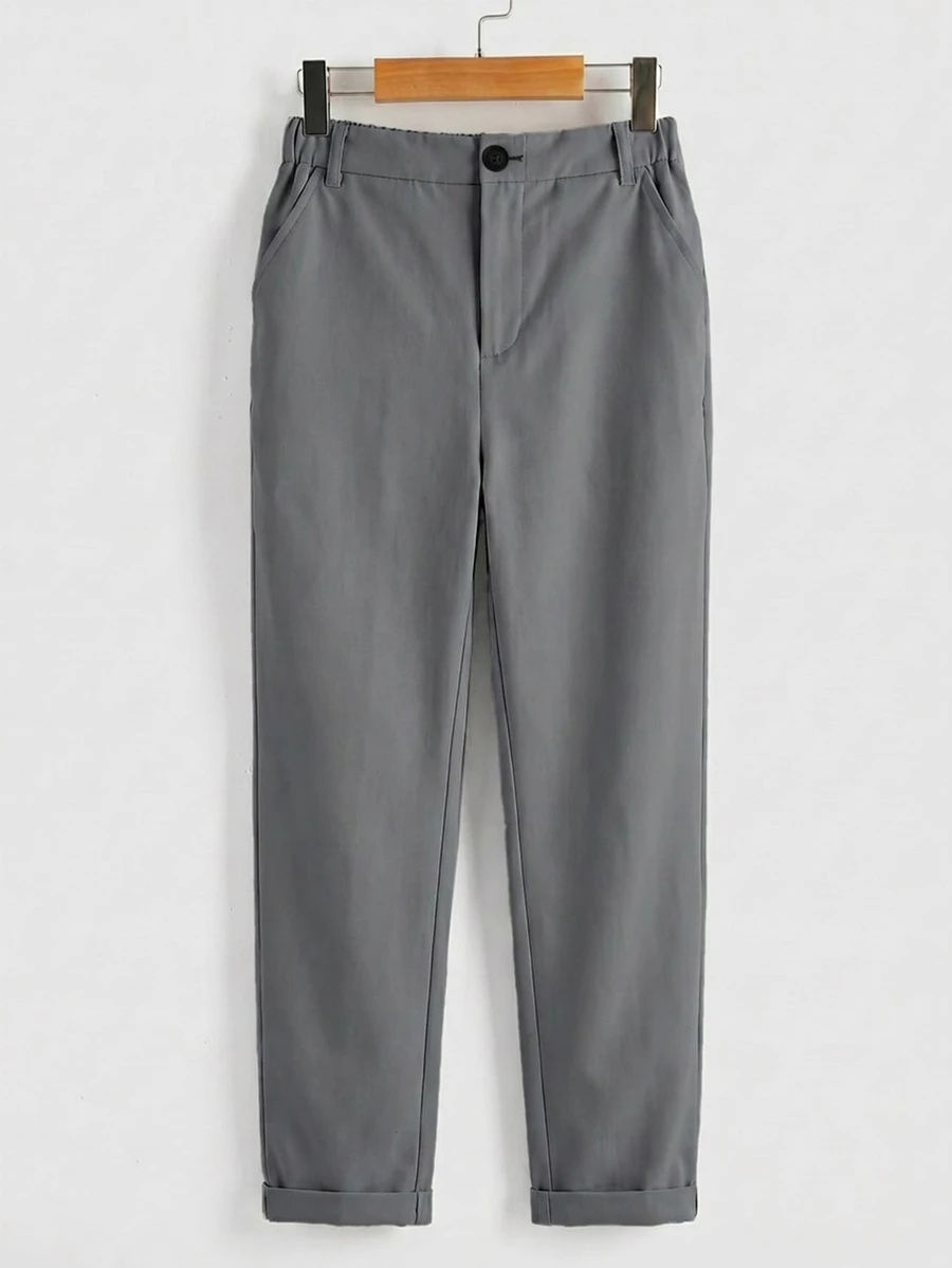 Tween Boy Versatile Solid Color Pocket Zipper Button Long Pants - Grey - View 1
