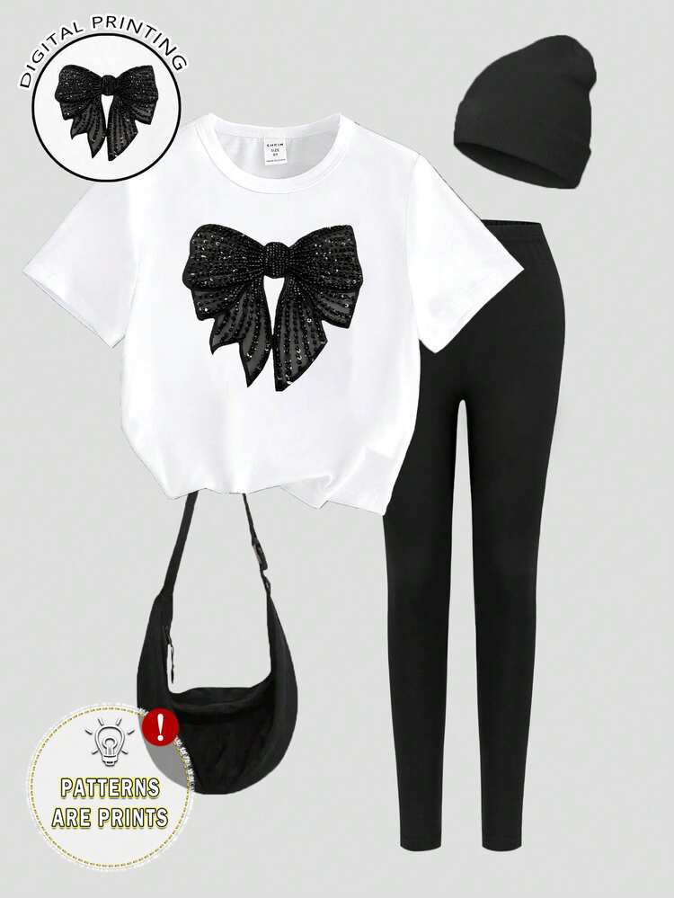 SHEIN Tween Girl Black And White Summer Casual Cute School Fashion Shiny Bow Graphic Print Relaxed T-Shirt And Leggings Set,Comfortable Daily Wear Outfit - Multicolor - View 3